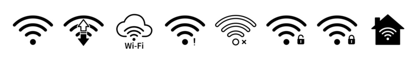 Wifi icon set. Wi-Fi Signal, connection, error, no Signal, smart home, security symbol. Wireless network logo. Vector illustration.