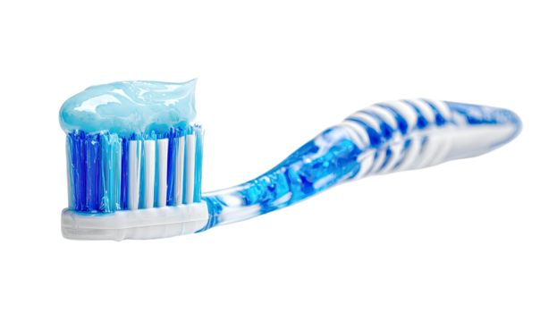 Close-up image of a toothbrush with blue and white bristles, toothpaste applied on top