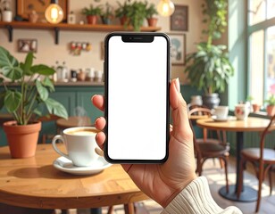 Realistic lifestyle mockup of a mobile phone held in one hand, empty screen prepared for custom branding, inside a nostalgic café with vintage décor and coffee cups