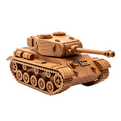 Fototapeta premium Wooden tank model with treads turret and gun on a black backdrop