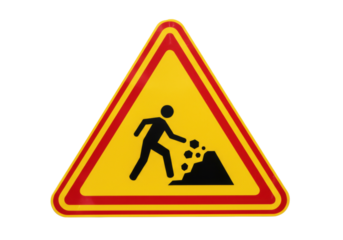 Yellow triangular sign with man digging isolated, warning sign for construction site, road work ahead, danger symbol, PNG