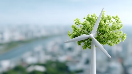 Eco-friendly wind turbine with green tree leaves blending with city skyline, renewable energy and sustainable technology concept for clean environment future