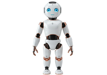 Friendly humanoid robot isolated on transparent background, cute android with blue eyes and metallic details PNG
