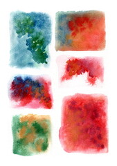 The illustration is done in watercolor and consists of six multicolored rectangular spots. Each spot has a unique texture and combination of shades: from cool blues and greens to warm reds, oranges.