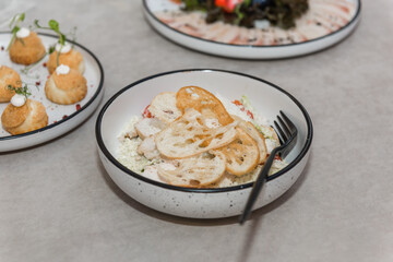 Food on the festive table. Cold appetizers for the banquet.