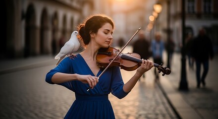 Elegant Woman Playing Violin on Cobblestone Street with White Dove at Sunset.