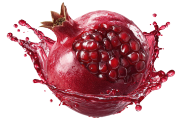 A close-up of a whole pomegranate bursting open with vibrant red juice