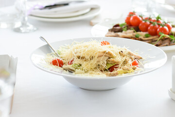 Food on the festive table. Cold appetizers for the banquet.