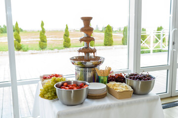 Chocolate fountain and fruits. Liquid chocolate dessert at a party.