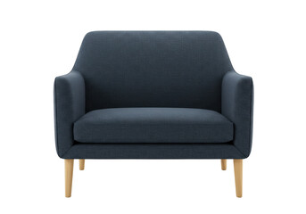 Modern navy blue armchair isolated, contemporary upholstered seat with wooden legs for living room or office furniture