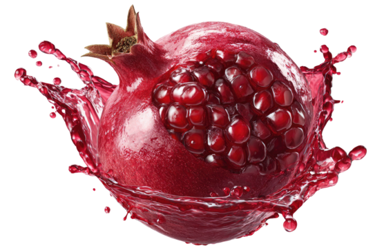 A close-up of a whole pomegranate bursting open with vibrant red juice