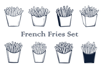 Set of french fries in paper containers, , graphic illustration