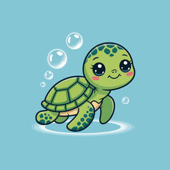 A charming cartoon turtle swims playfully under the sea with cheerful bubbles, representing joy and innocence in marine life, designed in a vibrant and engaging style.
