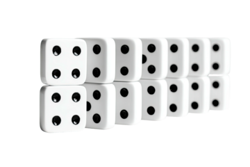A row of white dice, showing different values, arranged on a reflective surface
