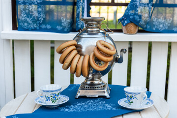 Samovar and baked bagels. The ancient Slavic tradition of drinking tea.
