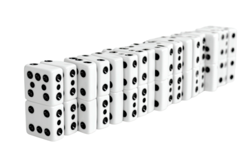 Array of dominoes, white with black pips, standing upright ready to fall in sequence