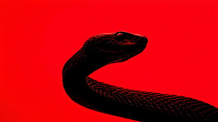 Photorealistic macro silhouette of a black snake on vivid red background