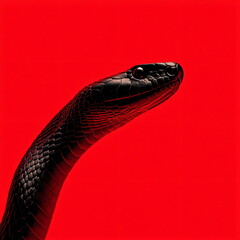 Photorealistic macro silhouette of a black snake on vivid red background