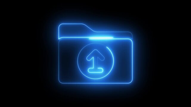Glowing blue neon folder icon with upload arrow symbol on dark background digital animation representing data transfer and cloud storage concepts