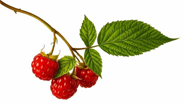 Realistic Raspberry Branch with Berries and Leaves on a White Background
