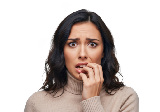 Worried woman biting nails anxious stressed fearful frustrated emotional upset scared concerned apprehensive isolated on transparent background - Powered by Adobe