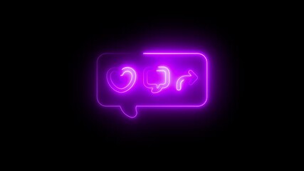 Glowing purple neon social media icons heart chat bubble share arrow on black background abstract digital animation - Powered by Adobe
