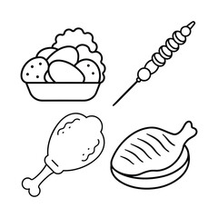 Set of Simple line art icons of delicious food chicken skewers fries and grilled meal