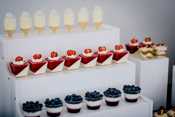 Dessert buffet or candy bar during catering event, fruits and whipped cream