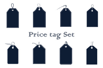 Collection of dark blue price tags with string, , featuring various designs for retail and labeling purposes