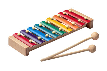 A vibrant, colorful wooden xylophone with two mallets, isolated on a black background
