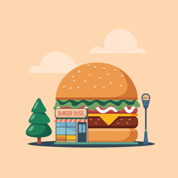A whimsical representation of a burger shop designed as a giant hamburger, showcasing fun and creativity in food-related illustrations that embody fast food culture.