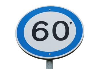 Blue and white 60 speed limit sign isolated, mandatory minimum speed road sign for traffic safety and regulatory compliance