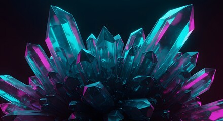 Vibrant neon pink and blue light illuminates a cluster of sharp, faceted crystals against a dark background, creating a futuristic and mystical glow.