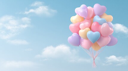 Fototapeta premium Heart balloon bouquet in pastel colors floating against blue cloudy sky with copy space.