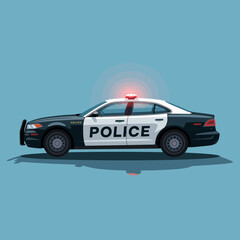 This image features a classic police car illustration, showcasing its design, colored in black and white with a flashing red light on top, perfect for law enforcement themes.