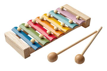 A colorful xylophone, with wooden mallets, against a black background, studio shot