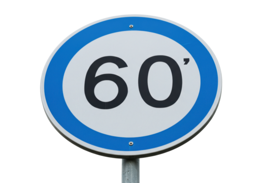 Blue and white 60 speed limit sign isolated, mandatory minimum speed road sign for traffic safety and regulatory compliance