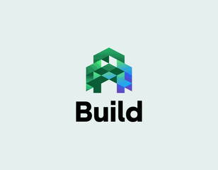 This contemporary logo design combines geometric shapes to symbolize construction and innovation, featuring a harmonious blend of green and blue colors for a fresh look.