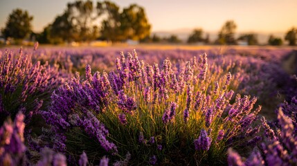 Obraz premium Captivating view showcases a vibrant lavender field bathed in warm sunlight, the blossoms creating a sea of purple, with a soft focus background of trees and rolling hills during the golden hour.