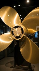 Large Golden Propeller Displayed in Museum Setting.