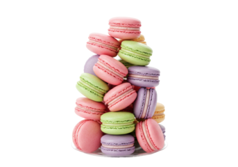 Colorful macarons tower isolated on transparent background, assortment of pastel cookies for dessert catering and sweet treats