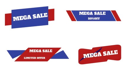 Four mega sale banner designs in red and blue with different promotional offers on a white background