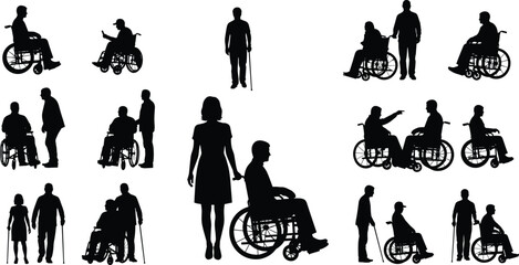 Fototapeta premium Inclusive mobility silhouette illustration, people with wheelchairs and canes, supportive interactions, accessibility concept, black and white vector art for awareness