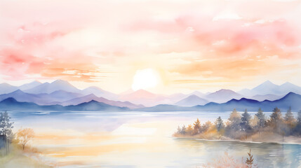 Vibrant watercolor mountains and colorful plants beautifully reflect in a tranquil lake at sunset.