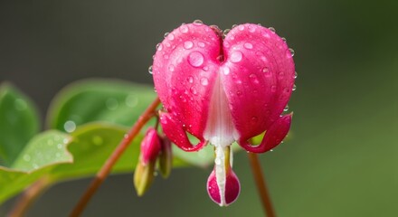 Dew-kissed bleeding heart bloom, vibrant pink and white, close-up greenery