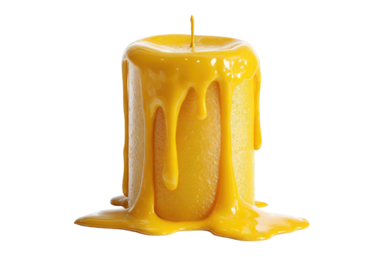 A glowing yellow candle with wax dripping down its sides against a solid black background