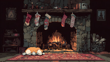 Pixel art of a cozy Christmas scene, featuring a fireplace with stockings, a sleeping dog, and warm ambient lighting.