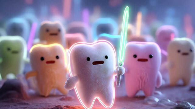 Playful 3D animation of smiling teeth with glowing lightsabers, representing fun and creative approach to dental hygiene