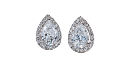 Two teardrop-shaped, brilliant-cut gemstone earrings, surrounded by a halo of smaller stones