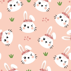 Cute Easter Bunny Seamless Pattern with Floral Crown on Pastel Peach Background Happy Spring Theme Celebration Design